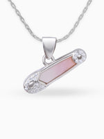 Close up SIJA 925 silver jewellery white pink safety pin pendant handcrafted premium design versatile accessory for everyday wear and special occasions