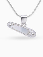 Close up SIJA 925 silver jewellery white pink safety pin pendant handcrafted premium design versatile accessory for everyday wear and special occasions