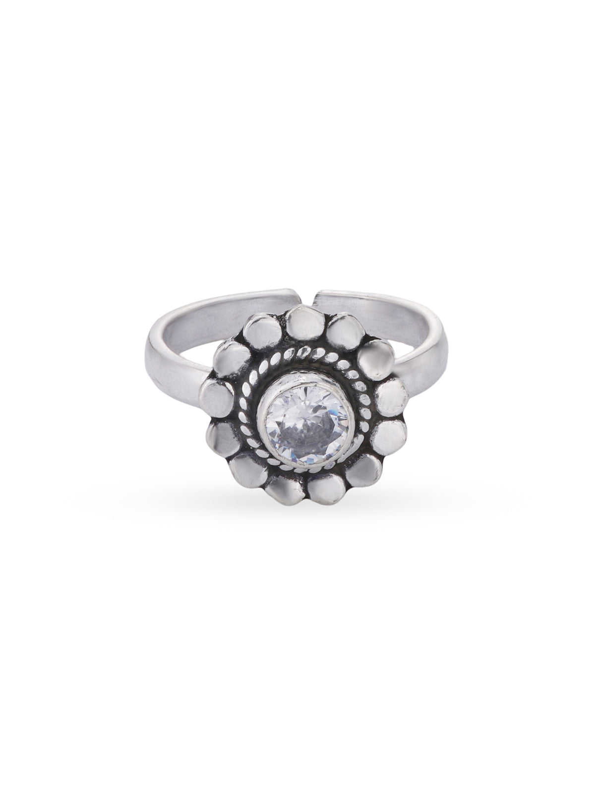 Detailed close up of SIJA 925 Silver White Stone Heritage Petal Antique Toe Ring showing oxidised petal motif with white stone centerpiece