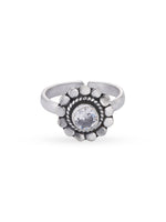 Detailed close up of SIJA 925 Silver White Stone Heritage Petal Antique Toe Ring showing oxidised petal motif with white stone centerpiece