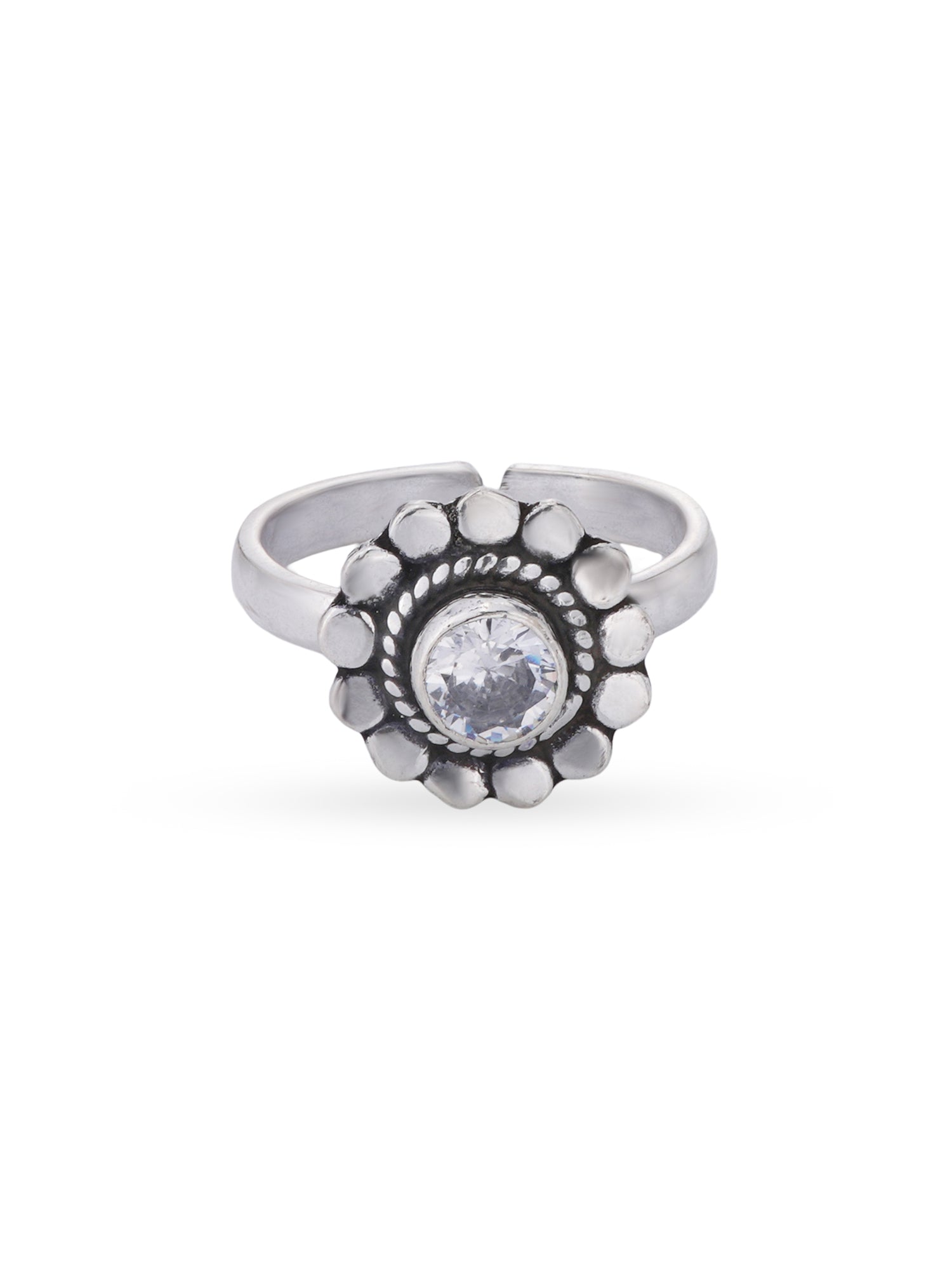Detailed close up of SIJA 925 Silver White Stone Heritage Petal Antique Toe Ring showing oxidised petal motif with white stone centerpiece