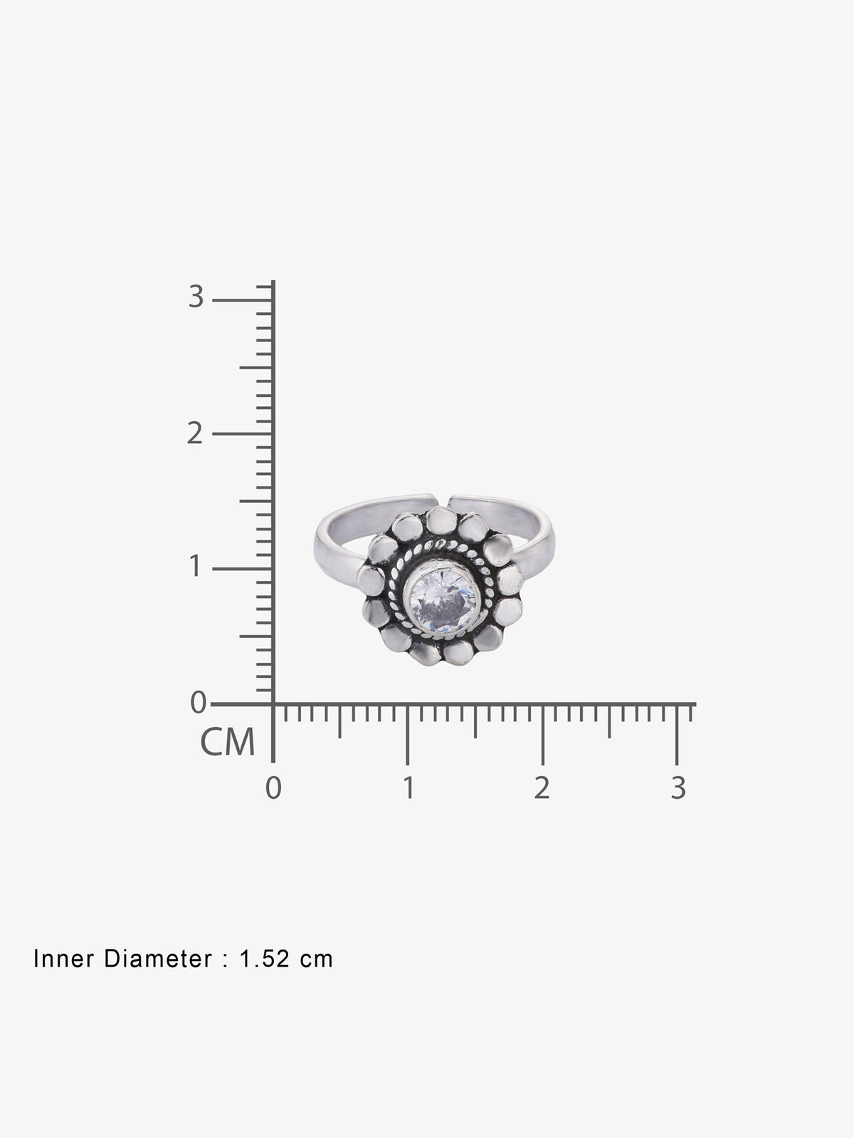 Reverse view of SIJA White Stone Heritage Petal Antique Toe Ring showing BIS 925 hallmark certified oxidised sterling silver jewellery made in India