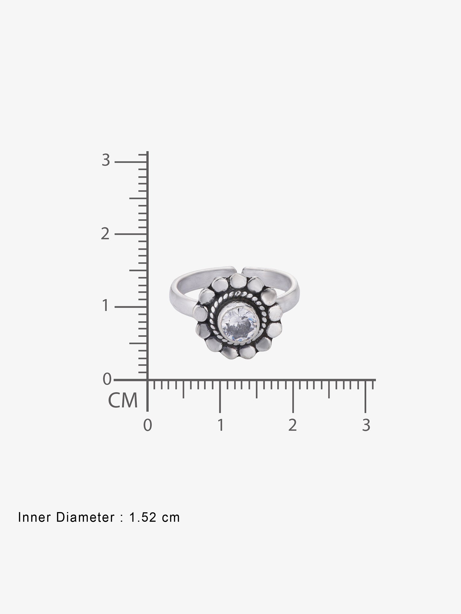 Reverse view of SIJA White Stone Heritage Petal Antique Toe Ring showing BIS 925 hallmark certified oxidised sterling silver jewellery made in India