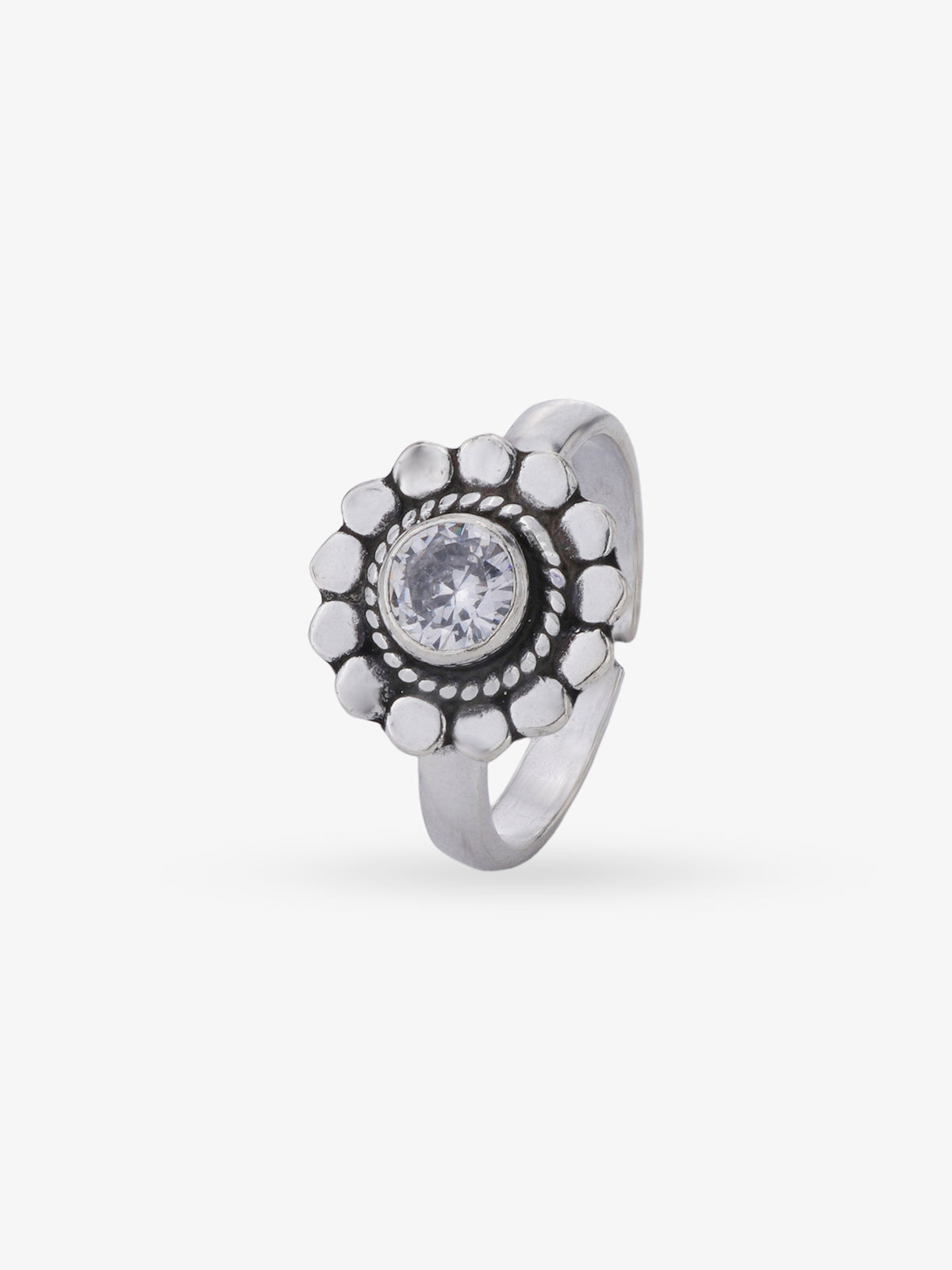 SIJA 925 Silver White Stone Heritage Petal Antique Toe Ring oxidised silver jewellery elegant front view traditional accessory for women