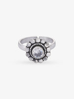 Adjustable band detail of SIJA 925 Silver White Stone Heritage Petal Antique Toe Ring showcasing flexible fit and premium oxidised silver quality