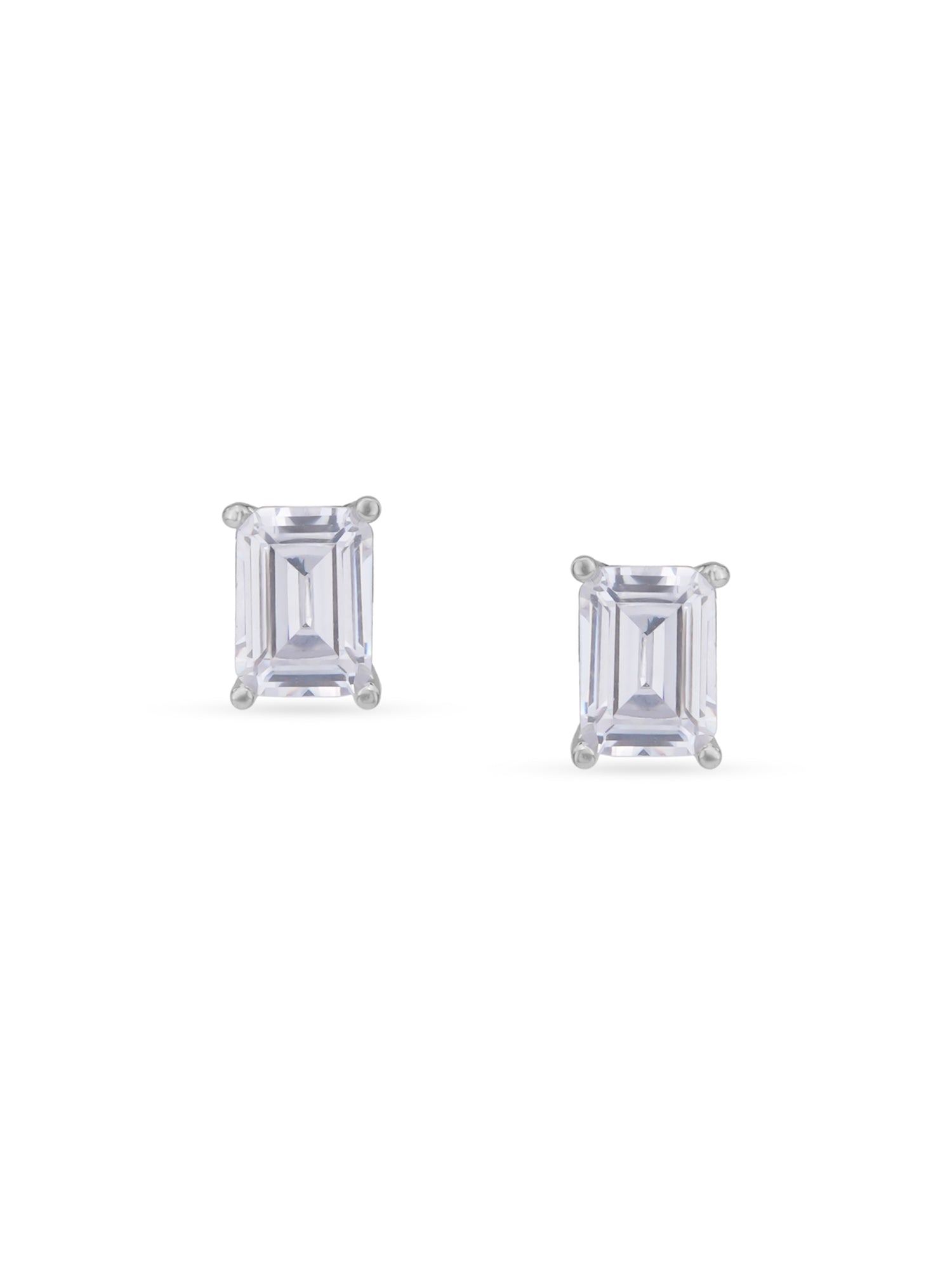 Detailed close up of SIJA White Stone Rectangle Stud showing sparkling white stone with premium silver craftsmanship