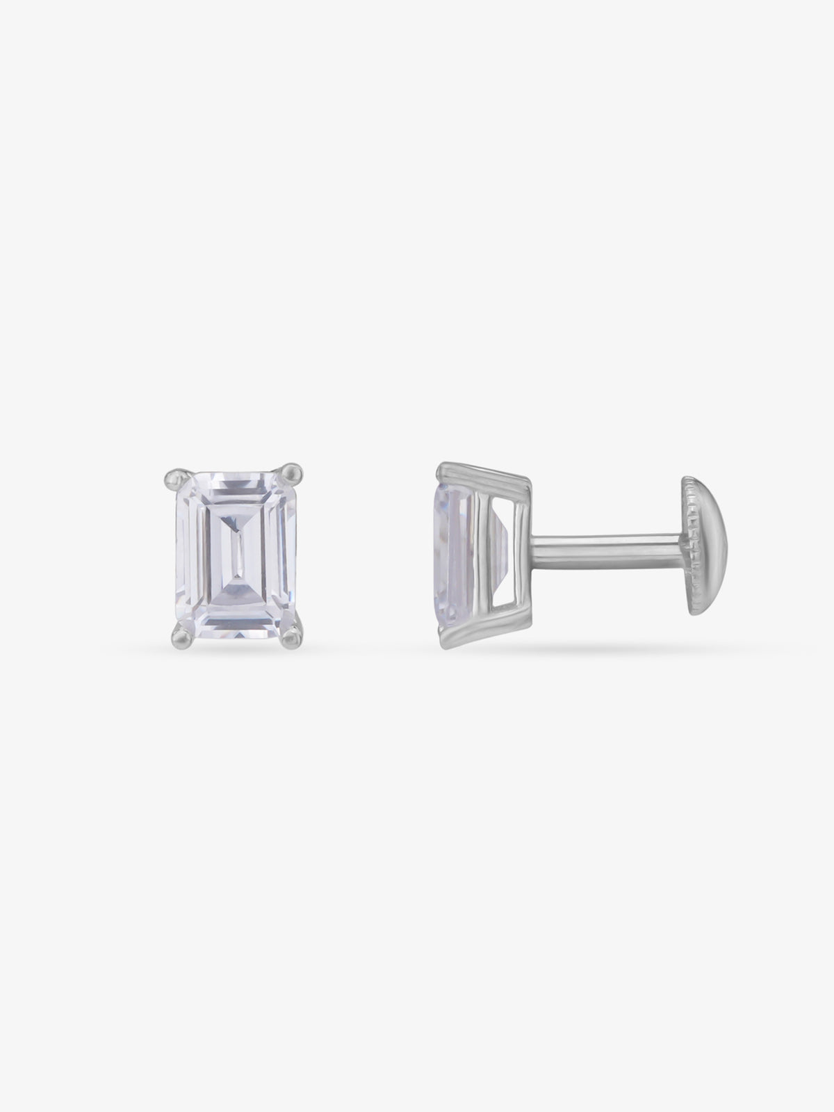 Side view of SIJA 925 Silver White Stone Rectangle Stud highlighting sleek silver setting with rectangle stone charm