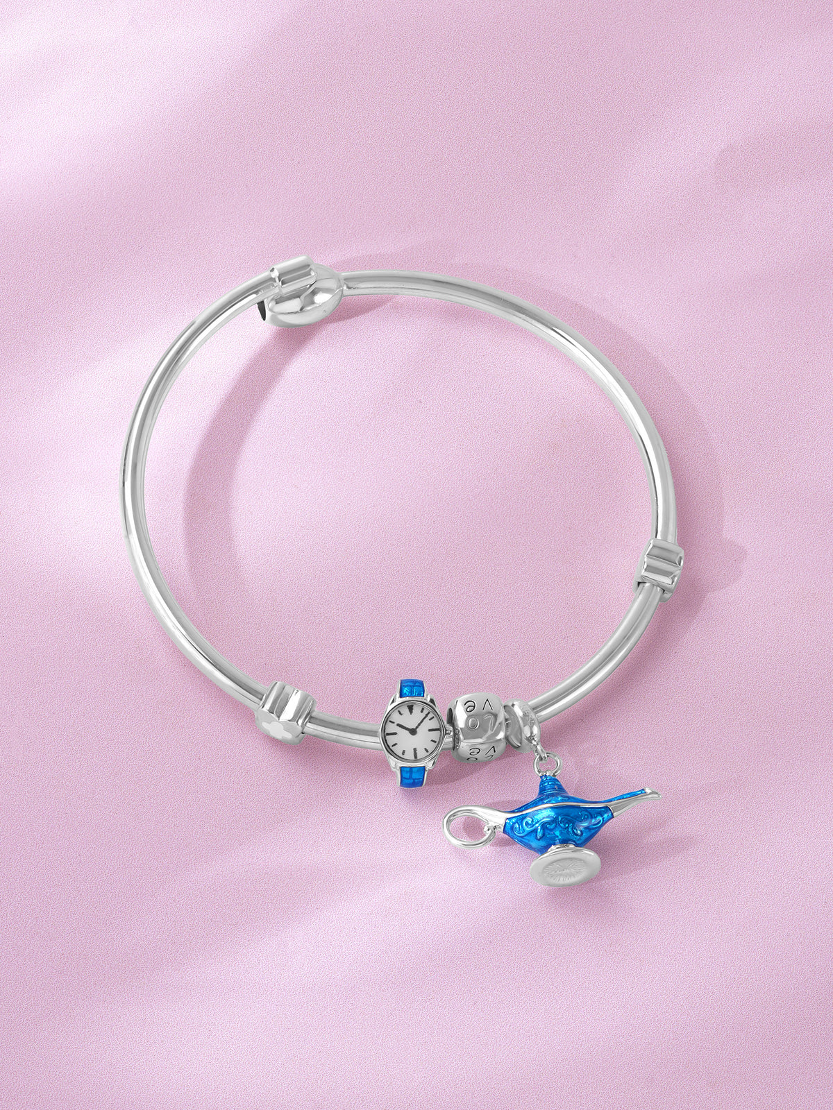 Close‑up of SIJA 925 Silver Women’s Bracelet showing Aladdin lamp and miniature watch charm detailing handcrafted sterling silver jewellery magical accessory