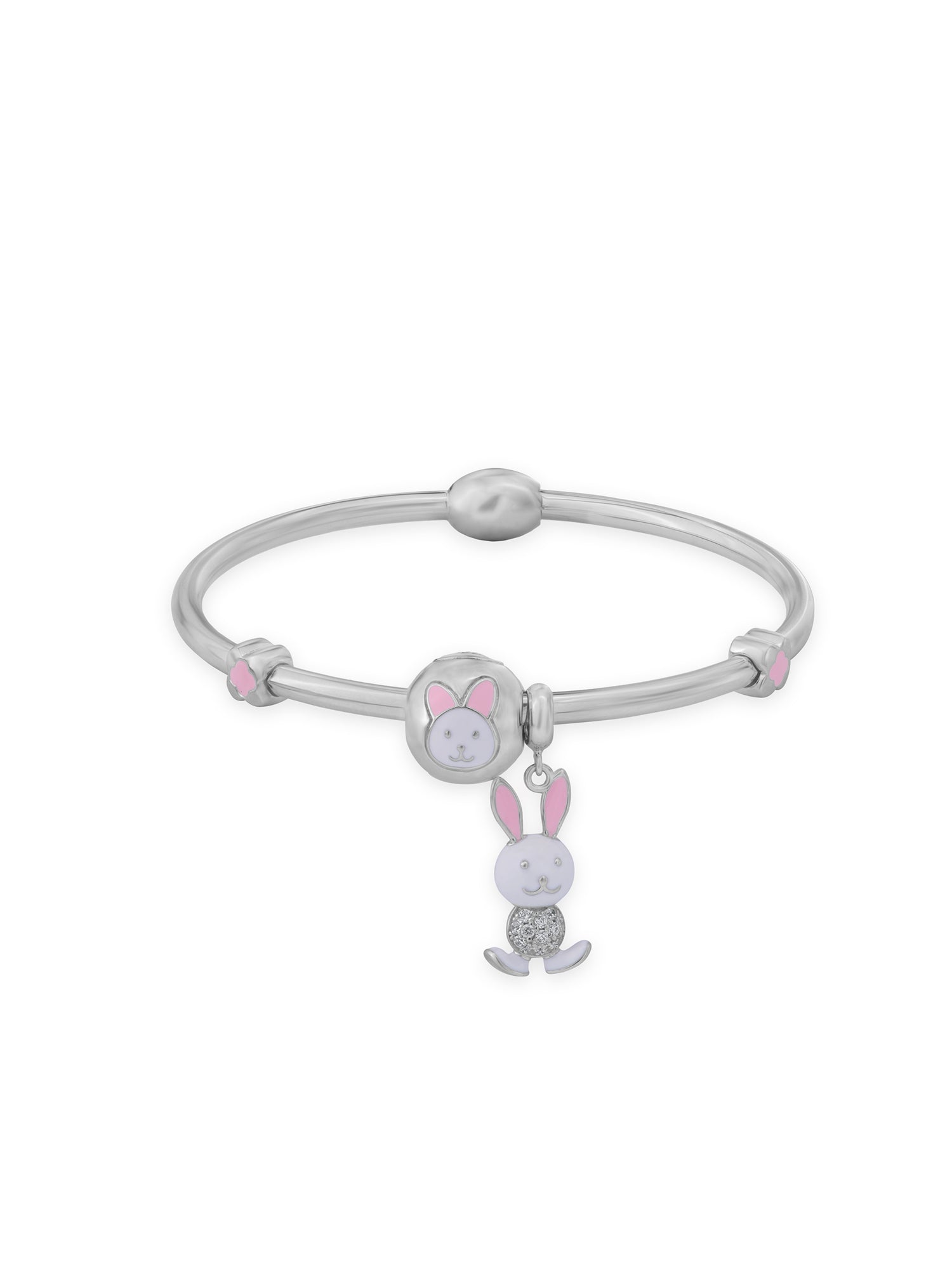 Detailed close up of SIJA 925 Silver Women Bracelet showing enamel bunny charm and handcrafted silver chain