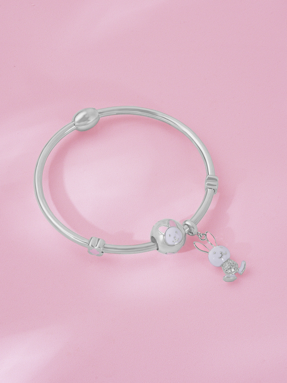Detailed close up of SIJA 925 Silver Women Bracelet showing enamel bunny charm and handcrafted silver chain