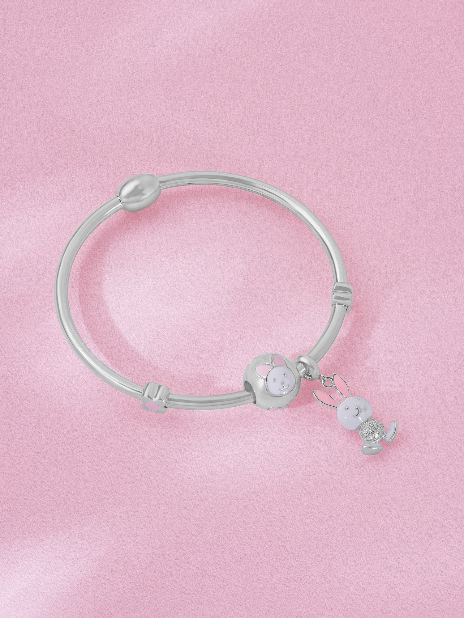 Detailed close up of SIJA 925 Silver Women Bracelet showing enamel bunny charm and handcrafted silver chain
