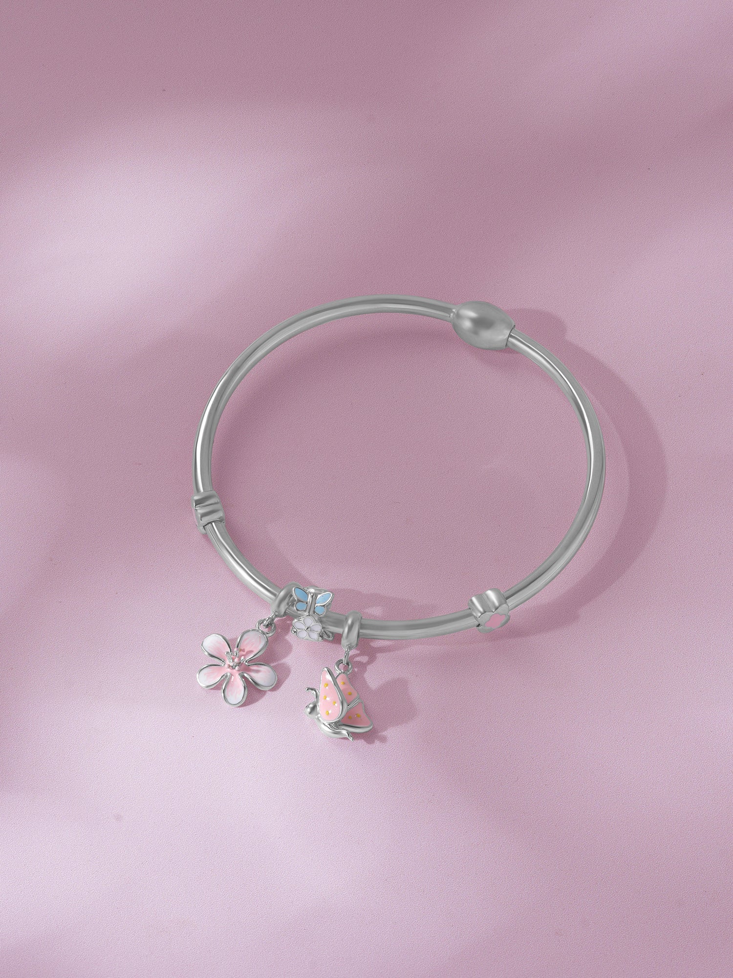 Detailed close up of SIJA 925 Silver Women Bracelet showing floral butterfly charm with enamel accents and handcrafted silver chain