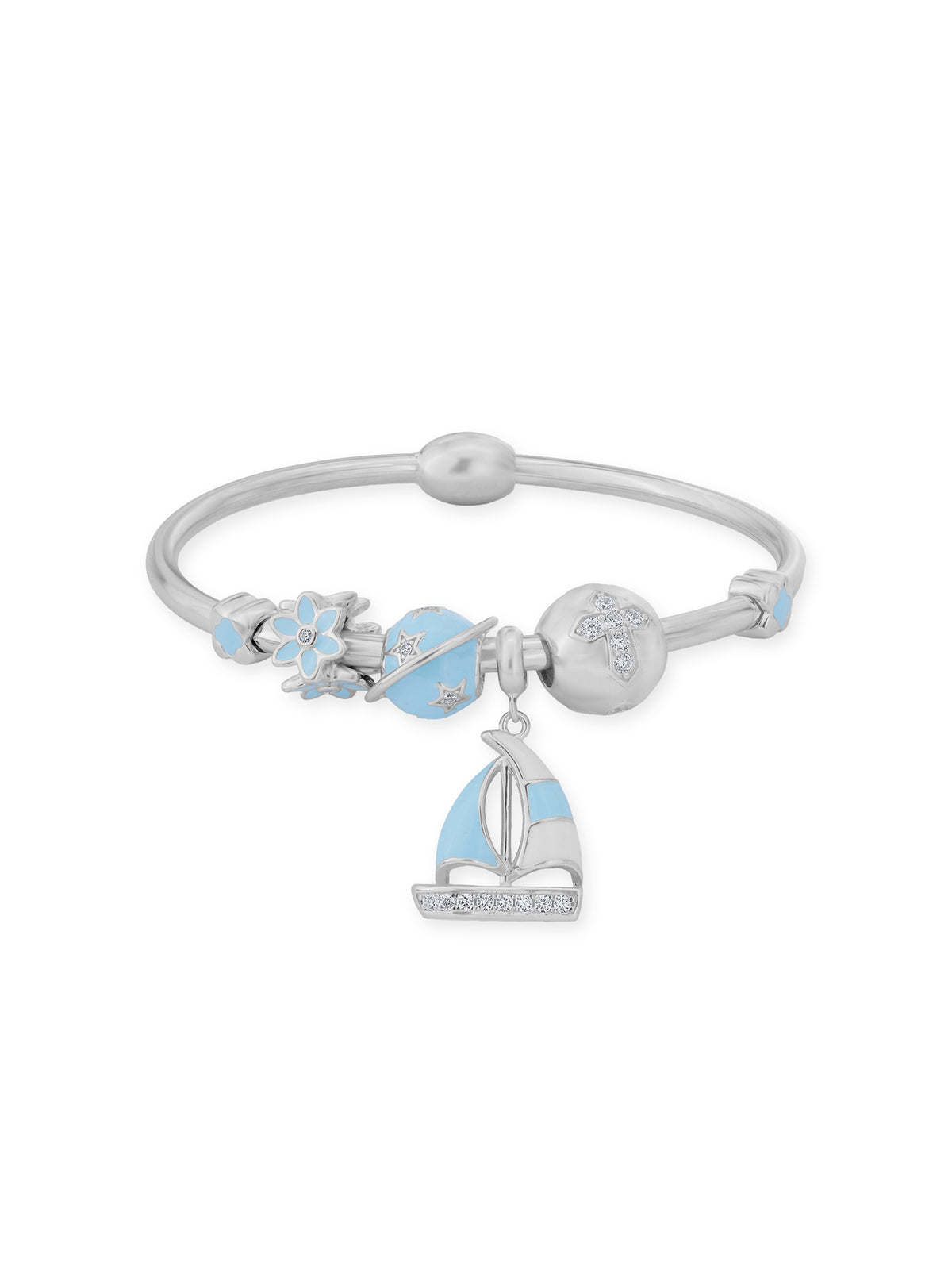 Close‑up of SIJA 925 Silver Women’s Bracelet showing enamel sailboat and floral blue charm detailing handcrafted sterling silver jewellery unique accessory