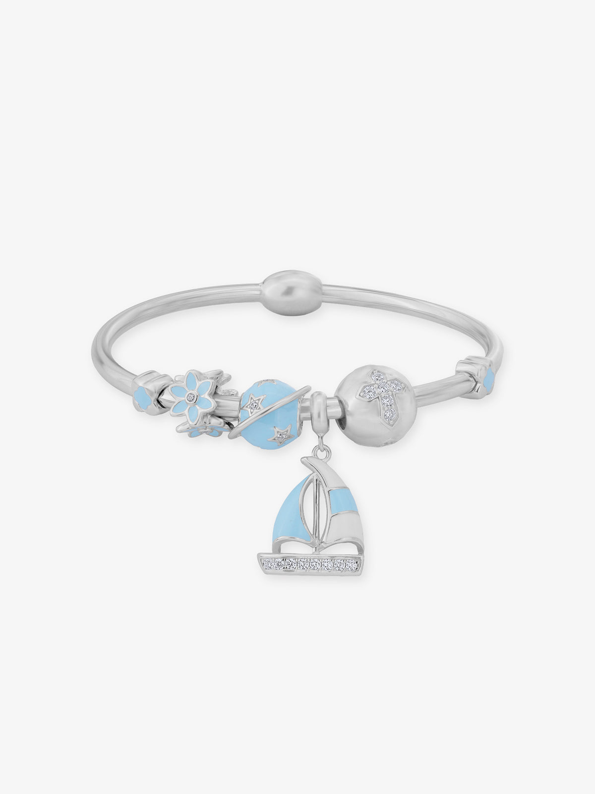 SIJA 925 Silver Women’s Bracelet with Sailboat & Floral Blue Charm sterling silver jewellery elegant nautical design full front hero view accessory
