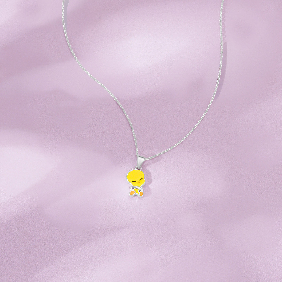 Close‑up of SIJA 925 Silver Yellow Tweety Bird Pendant with Chain showing cute Tweety Bird face detailing handcrafted sterling silver jewellery fun accessory for children