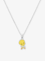 Close‑up of SIJA 925 Silver Yellow Tweety Bird Pendant with Chain showing cute Tweety Bird face detailing handcrafted sterling silver jewellery fun accessory for children