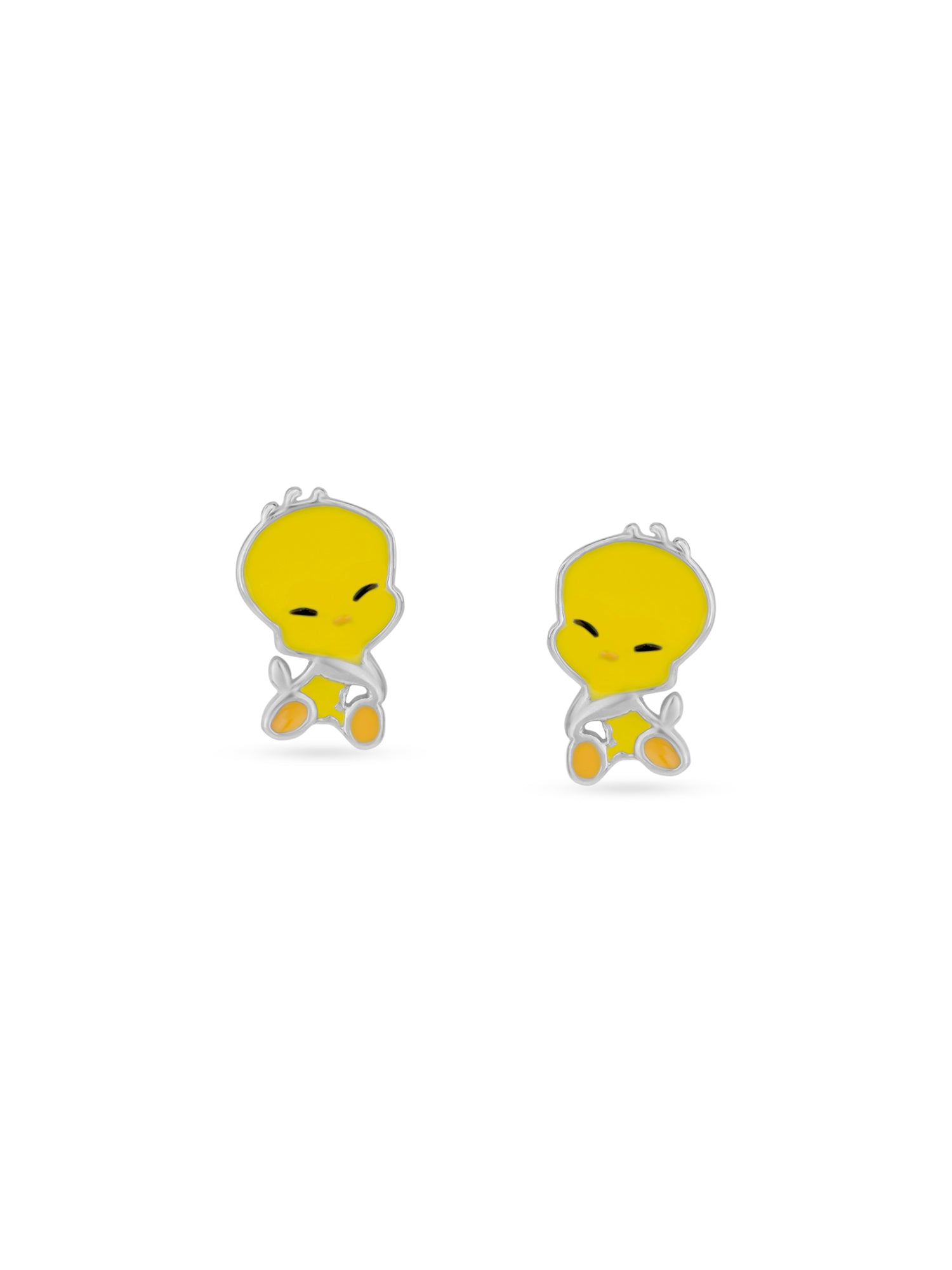 Close‑up of SIJA 925 Silver Yellow Tweety Bird Stud showing cute Tweety Bird face detailing handcrafted sterling silver jewellery fun accessory for children
