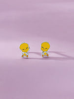 Close‑up of SIJA 925 Silver Yellow Tweety Bird Stud showing cute Tweety Bird face detailing handcrafted sterling silver jewellery fun accessory for children