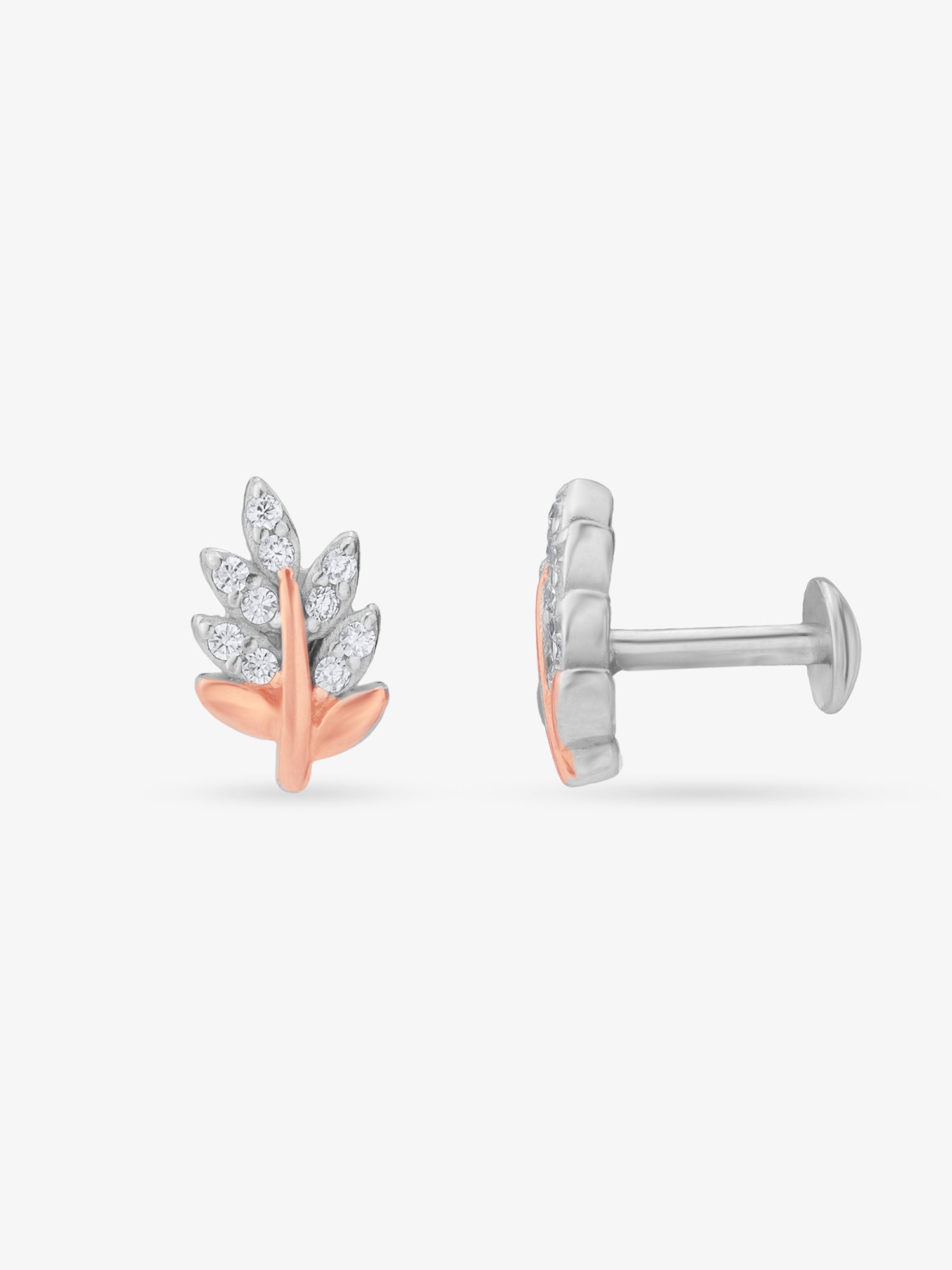Side view of SIJA 925 Silver Zircon Leaf Stud highlighting sleek silver setting with zircon leaf charm