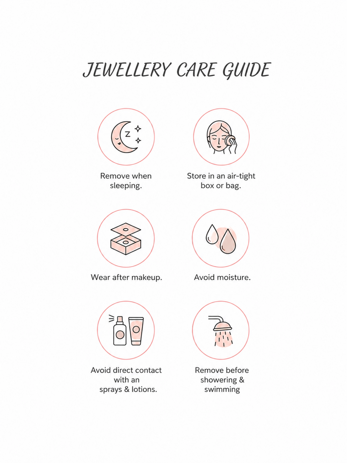 SIJA jewellery care guide with six illustrated tips including remove when sleeping, store airtight, wear after makeup, avoid moisture, avoid sprays, remove before showering or swimming
