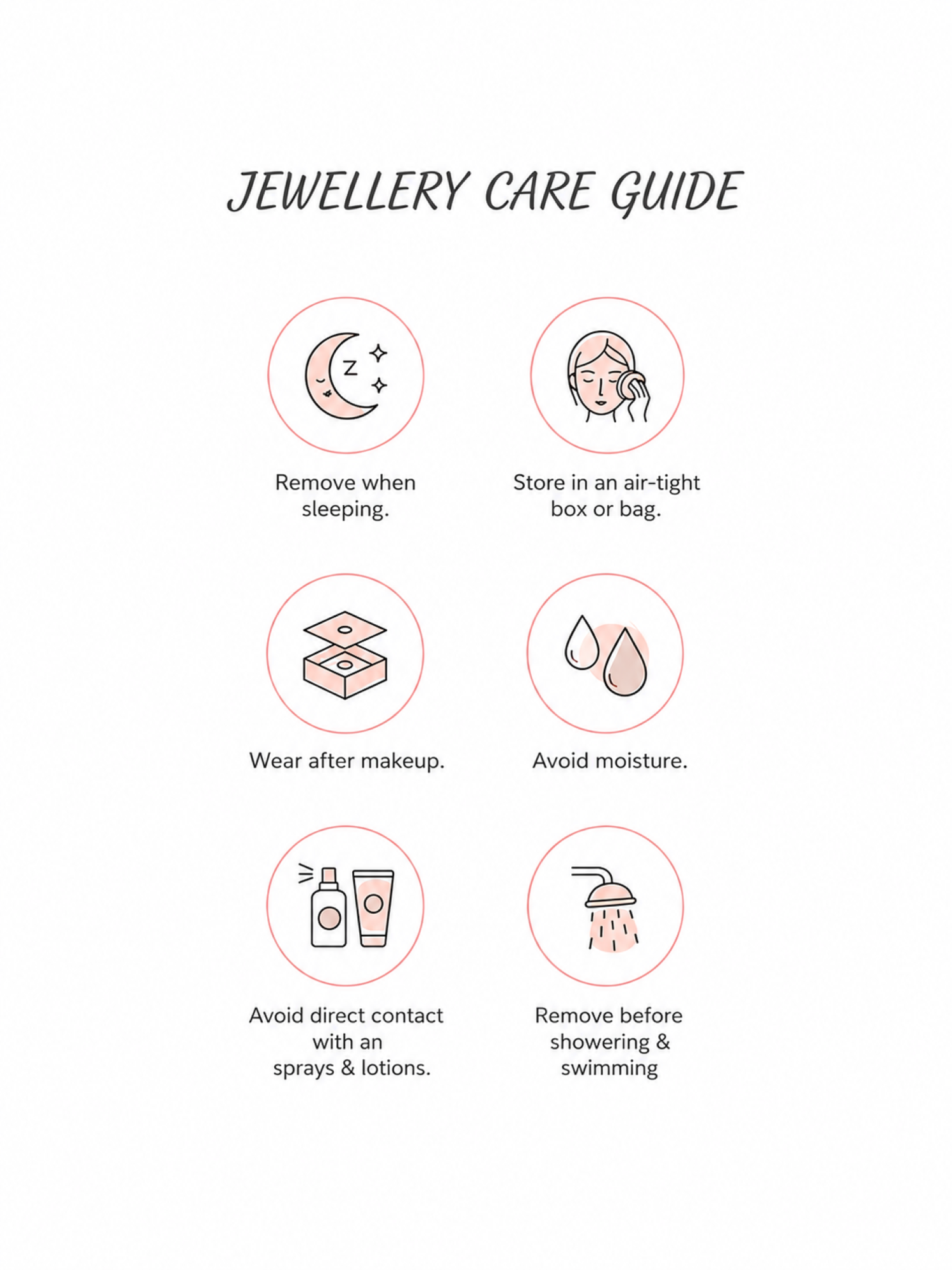 SIJA jewellery care guide with six illustrated tips including remove when sleeping, store airtight, wear after makeup, avoid moisture, avoid sprays, remove before showering or swimming